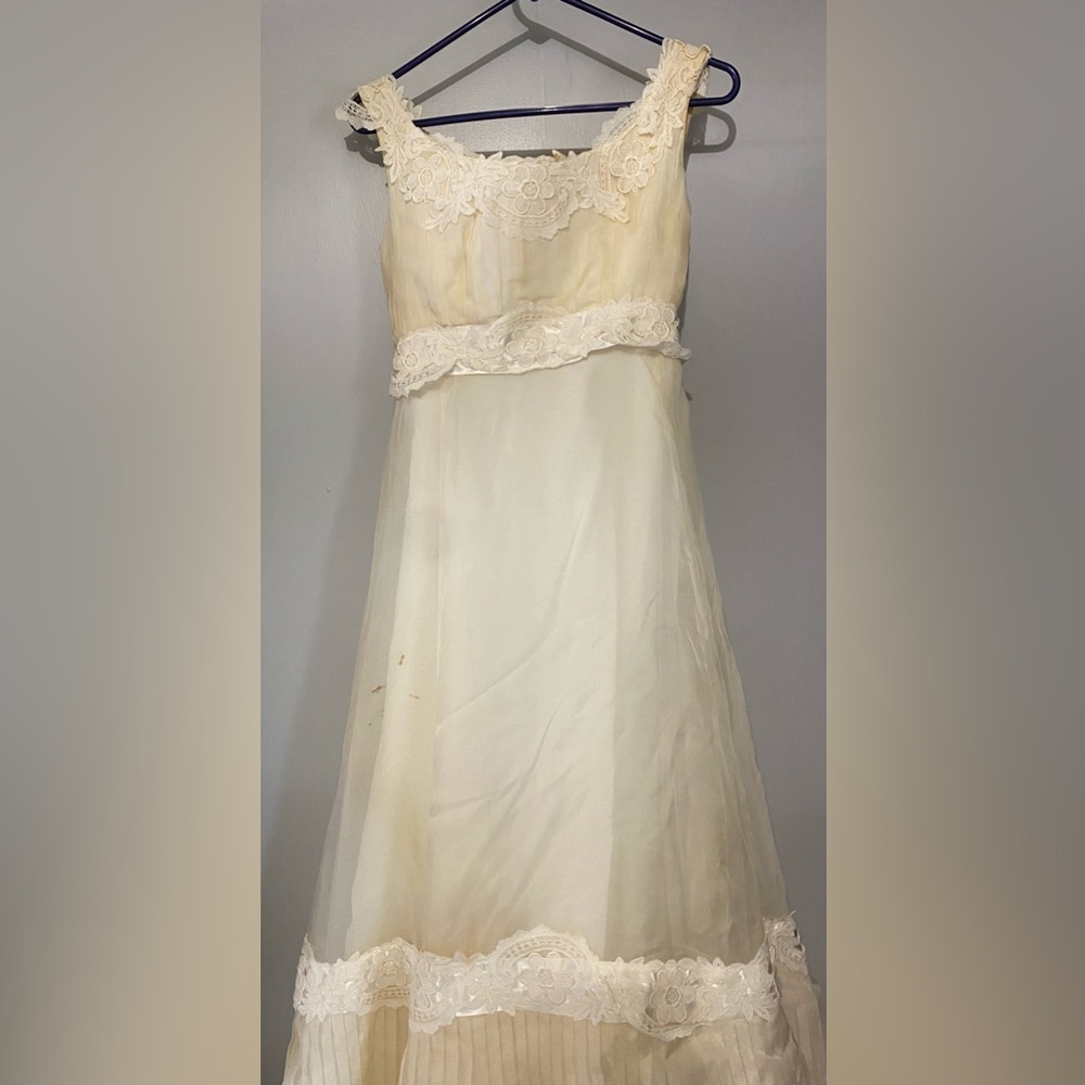 Vintage Cotillion Gown, White Sheer with Lace and Pleating Detail